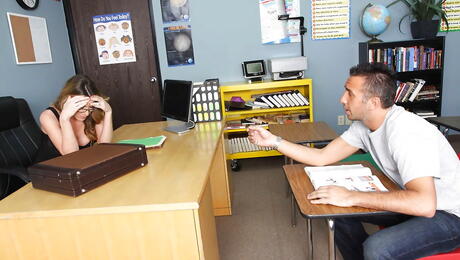 Alluring american milf Kayla Paige in sexy glasses hard fucked in hairy pussy after sucking dick 