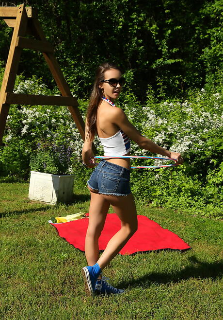 Very attractive american youthful Charity Crawford in foot fetish show outdoor